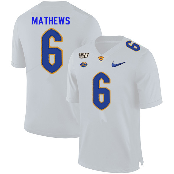 2019 Men #6 Aaron Mathews Pitt Panthers College Football Jerseys Sale-White